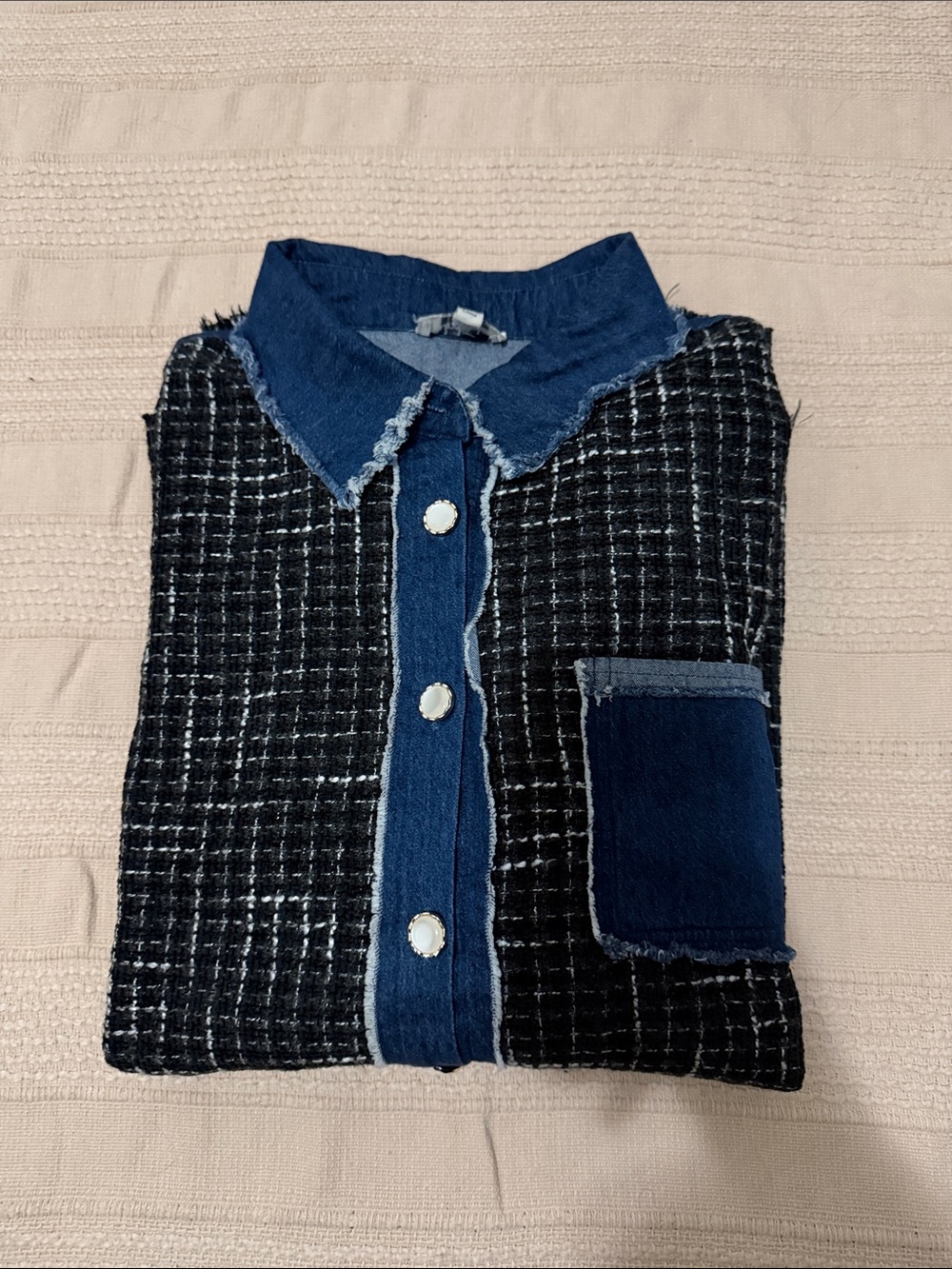Umgee Black Tweed Button-Down with Raw-Edge Navy Denim Trim